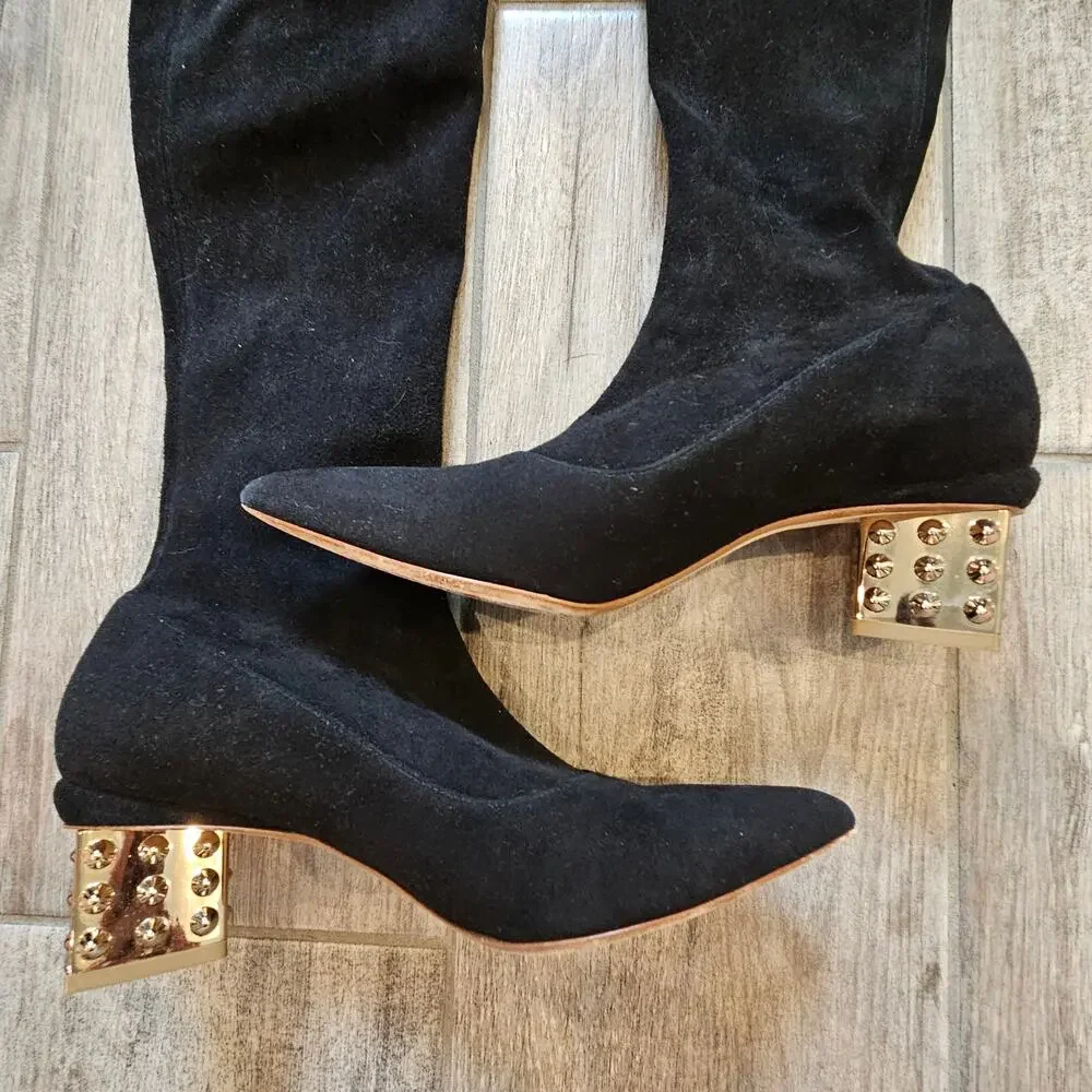 Nicholas Kirkwood Over The Knee Suede‎ Boots Women EU 38 US 8 Studded Gold Heel